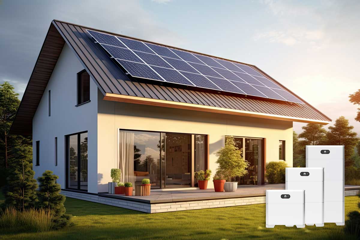 Haus mit Garten und Photovoltaikanlage zu sehen. Rechts daneben weiße Speichersysteme von Huawei.