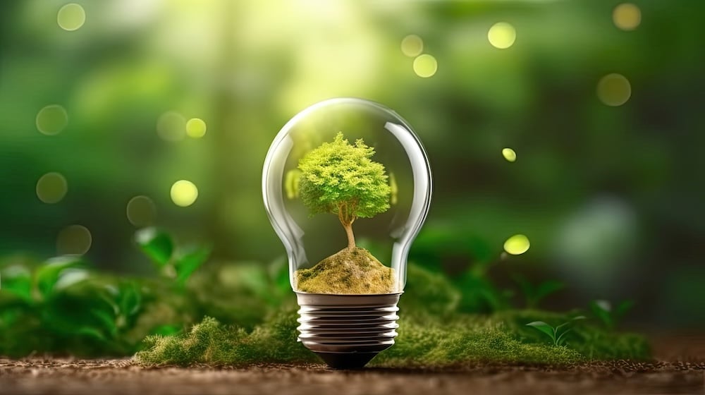 Grünes Bild mit kleiner Glühbirne auf der Erde