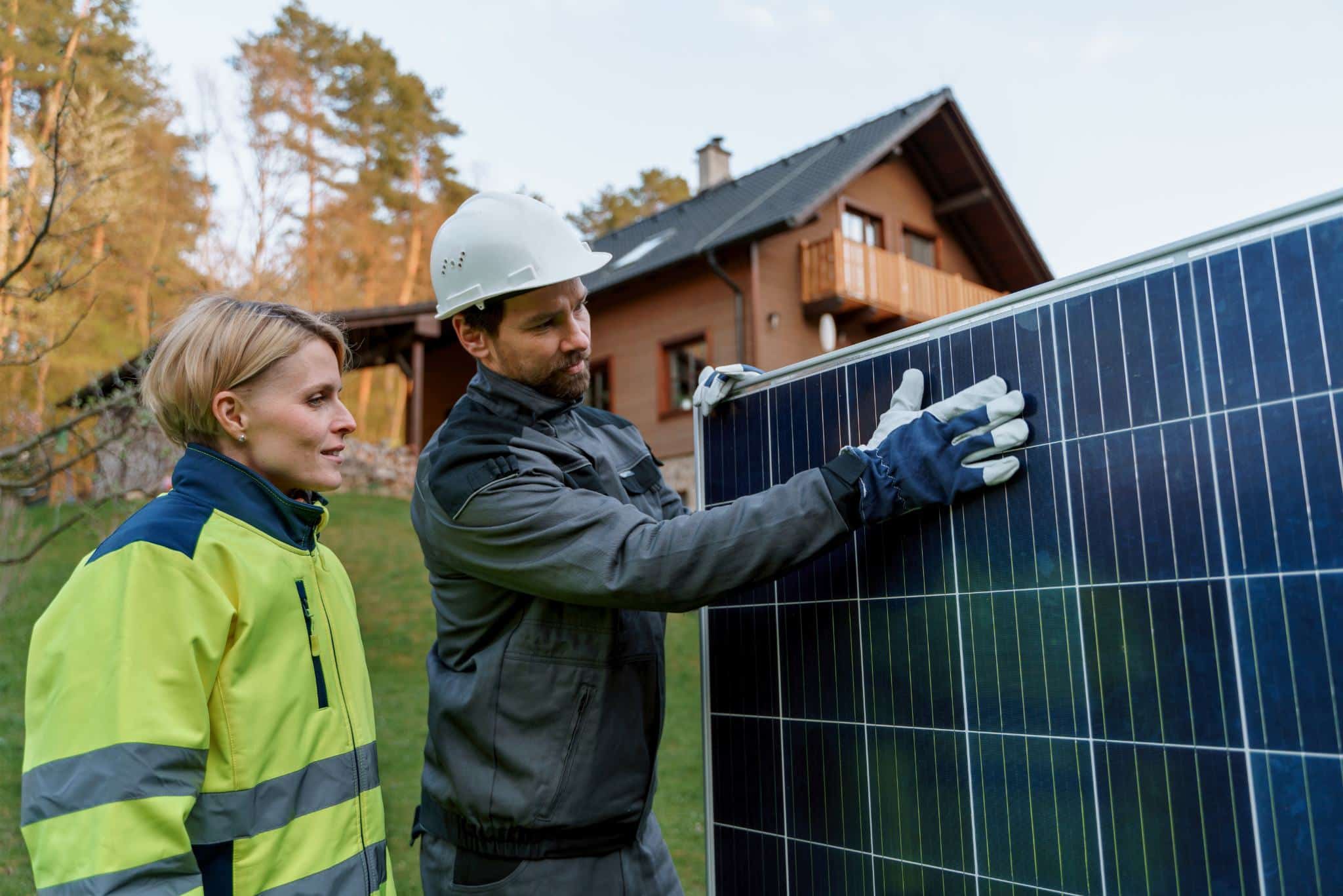 Photovoltaikanlage planen Zwei Handwerker mit Solarmodul