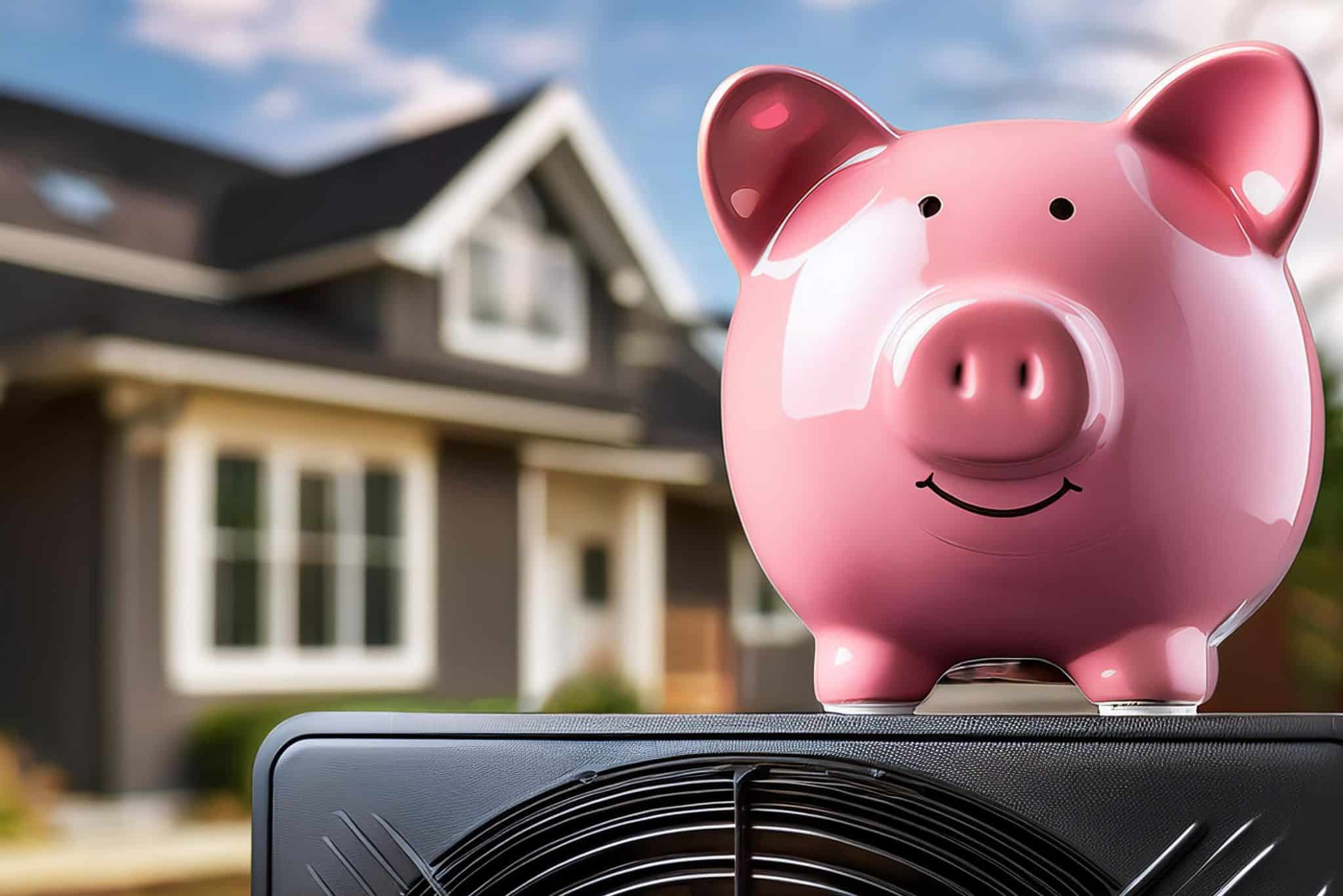 Sparschwein sitzt auf Wärmepumpe