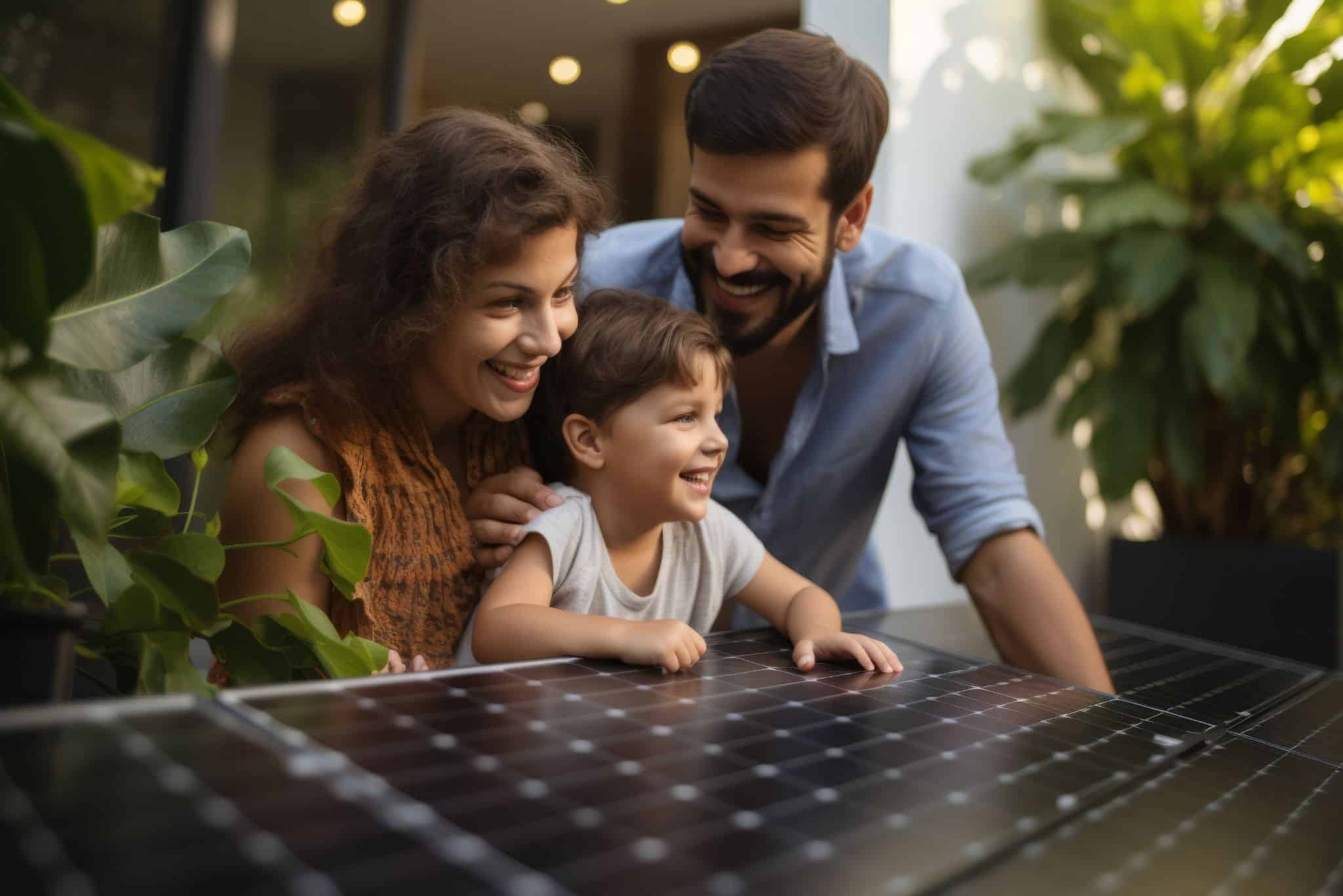 Photovoltaik Projekt Familie bewundert ihre Photovoltaikanlage