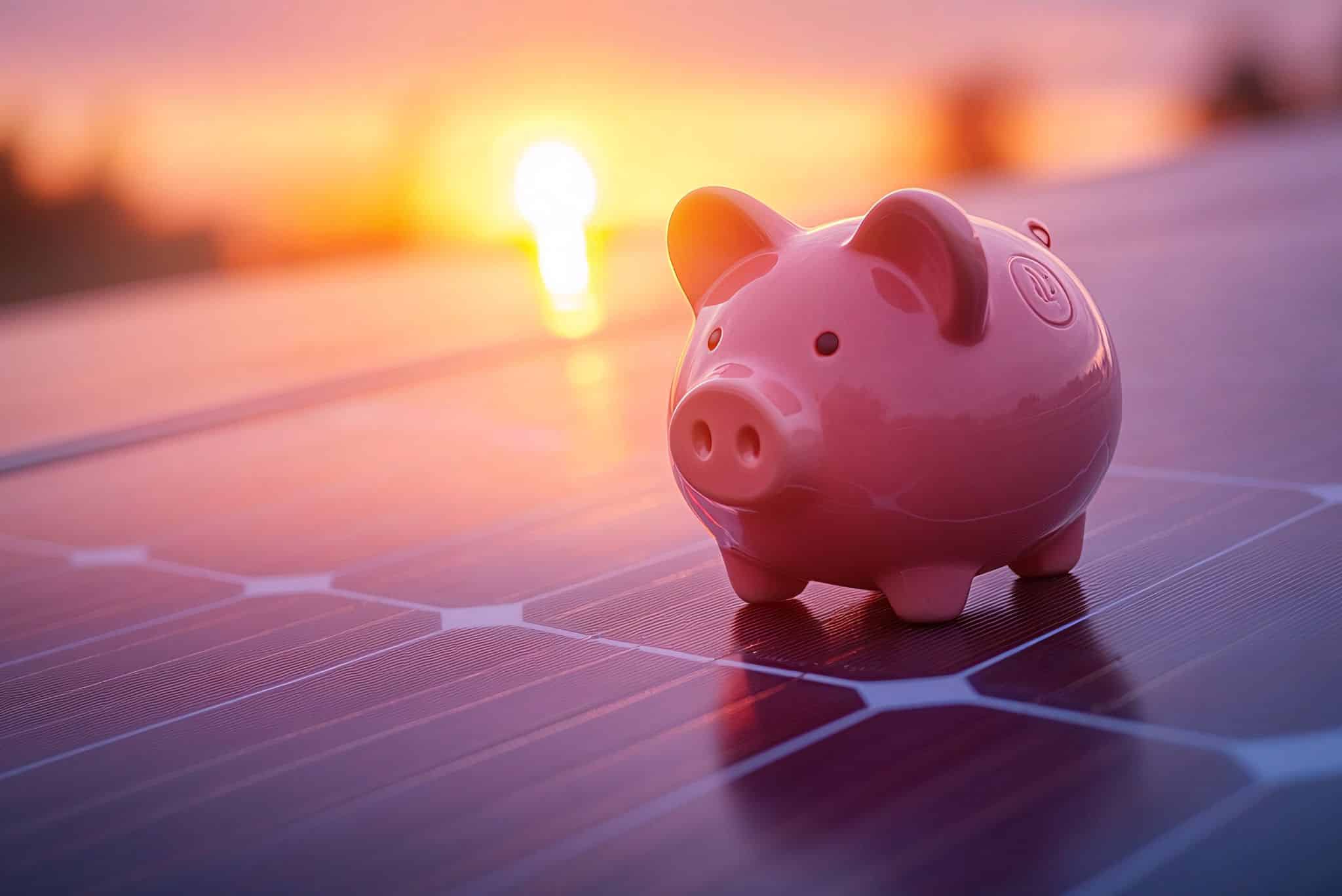 Sparschwein sitzt auf Photovoltaikmodul