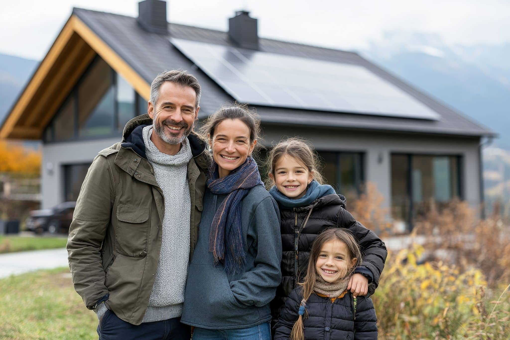 Solaranlage Kosten: Familie steht vor Haus mit Photovoltaikanlage