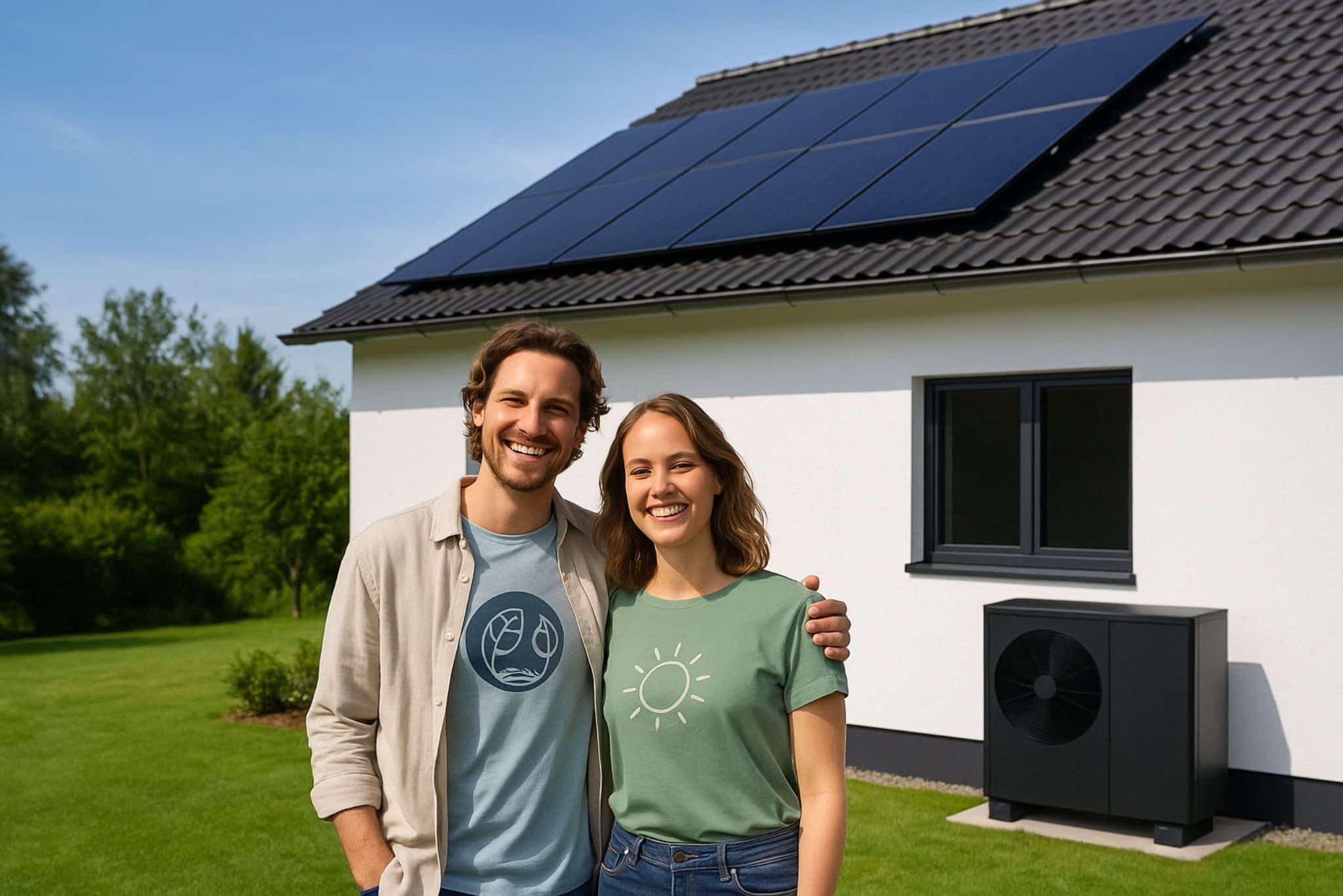 Junges Pärchen, im Hintergrund Wärmepumpe mit Solaranlage