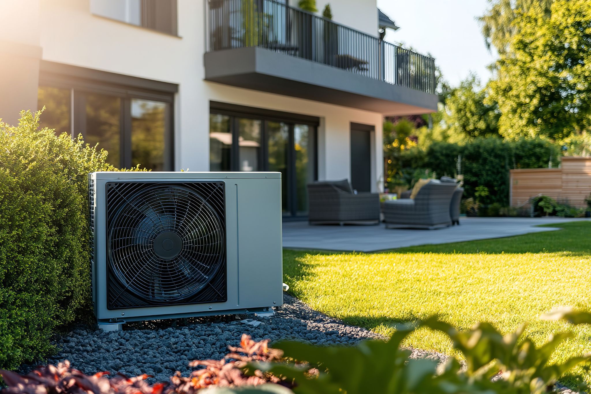 Wärmepumpe vor Haus, Symbolbild Lohnt sich eine Wärmepumpe